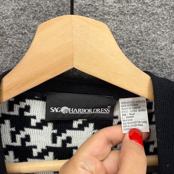 Sag Harbor Top Women L Large Black Geometric Long Sleeve Cotton Round Neck - Picture 3 of 6